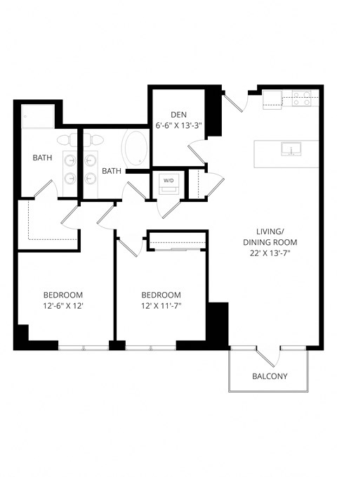 Floor plan for 2 beds, 2 baths, 1216 sqft
